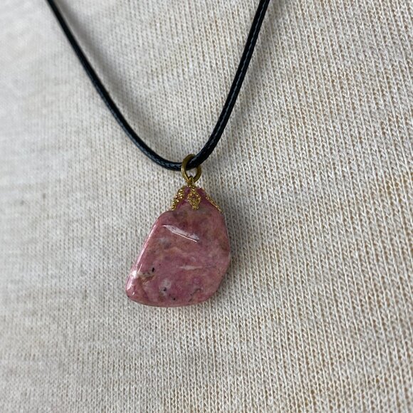 Pink Stone Pendant on Black Leather Cord Necklace - Picture 2 of 5